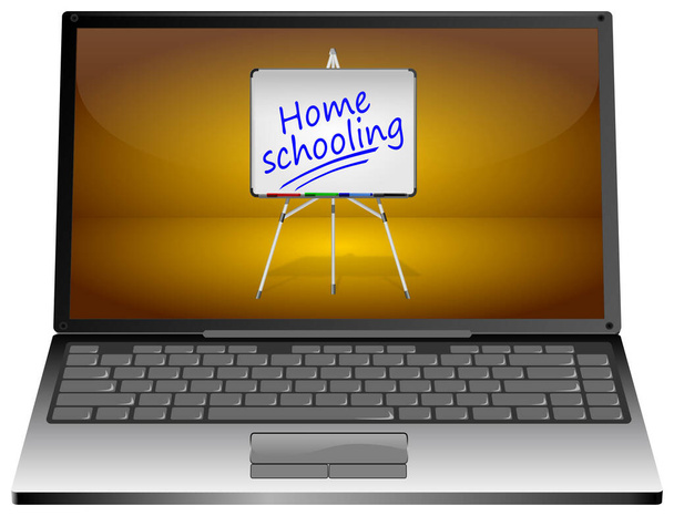 Ordenador portátil con educación en el hogar en el escritorio naranja - Ilustración 3D - Foto, imagen