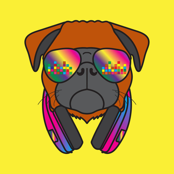 音楽を聴くメガネやイヤフォンを持つマスコットの漫画の犬のキャラクター - ベクター画像