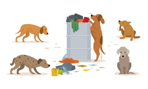 Grupo de Cães Stray Rummage uma lata de lixo, Sem-teto, Triste, Doente e com fome - Vetor, Imagem