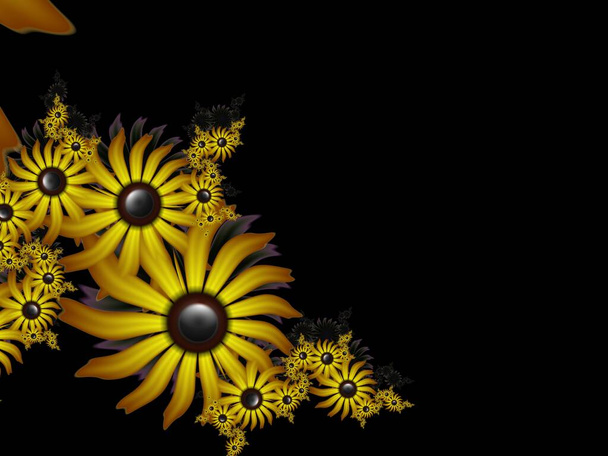 Fraktales Bild mit Blumen auf dunklem Hintergrund. Vorlage mit Platz zum Einfügen des Textes. Mehrfarbige Blumen. Fraktale Kunst als Hintergrund. - Foto, Bild