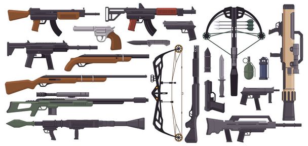 Зброя пістолети. Військова зброя, пістолет-кулемет, арбалет, ножі, гранатомети та кулемети, автоматичні запаси зброї Векторний набір ілюстрацій. Елементи армійської зброї
 - Вектор, зображення