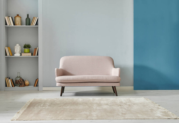 Cinza e azul estilo sala de estar, sofá pequeno moderno, piso em parquet tapete, vaso de planta verde e conceito de prateleira. - Foto, Imagem