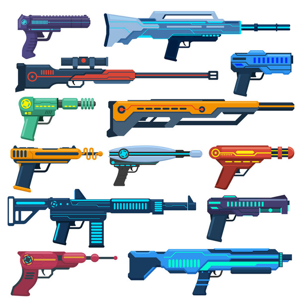 Game futuristic blasters. Space aliens laser, space blasters, guns and rifles for children playing vector illustration set. Futuristic pistols elements - Vector, Image