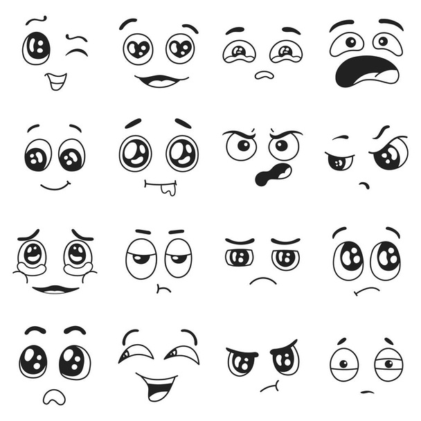 Emociones de Doodle establecidas. Feliz y triste, llorando y enamorada de las expresiones faciales. Emoji sorprendido, confundido - Vector, imagen