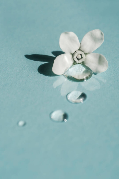 A drop of transparent cosmetic gel with flower on a blue background. - Фото, изображение