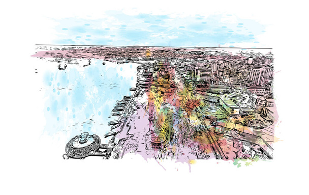 Прінт-білдінг з орієнтиром Хю - місто в центральній частині В'єтнаму. Сплеск водяного кольору з зображенням рук накреслює малюнок у векторі. - Вектор, зображення