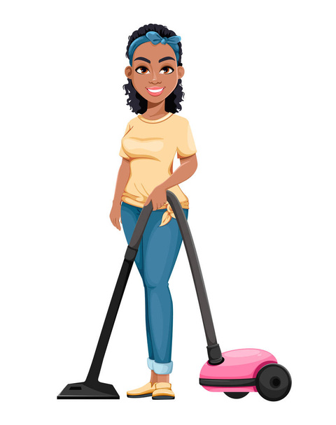 Ziemlich afroamerikanische Hausfrau beim Staubsaugen. Nette Dame Cartoon-Figur Hausarbeit zu tun. Illustration eines Aktienvektors - Vektor, Bild