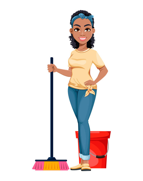 Όμορφη Αφρο-Αμερικανίδα νοικοκυρά πλένει πατώματα. Χαριτωμένη κυρία χαρακτήρα κινουμένων σχεδίων κάνει οικιακή εργασία. Εικόνα διανύσματος αποθέματος - Διάνυσμα, εικόνα