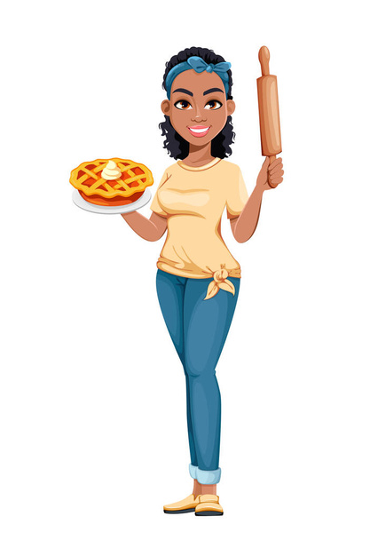 Una casalinga afroamericana che tiene una torta dolce. Carino personaggio dei cartoni animati signora che fa il lavoro domestico. Illustrazione vettoriale stock - Vettoriali, immagini