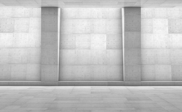 Köşe yazıları olan soyut beton sergi salonu. Modern geometrik tasarım. Beyaz zemin ve duvar arkası. 3d oluşturma - Fotoğraf, Görsel