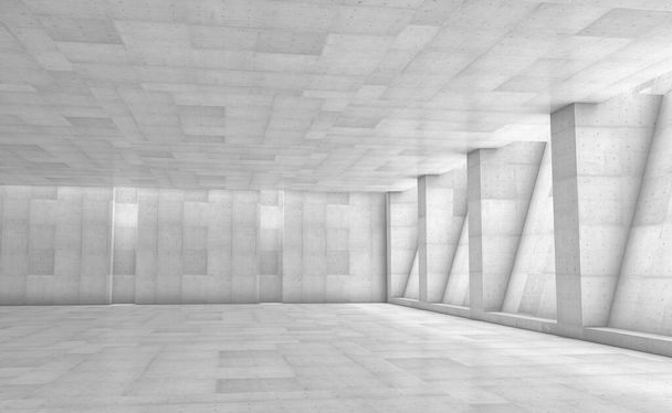 Köşe yazıları olan soyut beton sergi salonu. Modern geometrik tasarım. Beyaz zemin ve duvar arkası. 3d oluşturma - Fotoğraf, Görsel