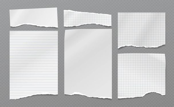 Conjunto de notas blancas rotas, rayas de papel de cuaderno pegadas sobre fondo cuadrado gris para texto, publicidad. Ilustración vectorial - Vector, imagen