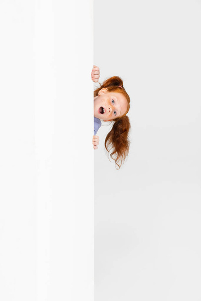 Portrait of cute freckled red-headed girl in casual outfit peeking out the wall isolated on white studio background. Happy childhood concept. Sunny child - 写真・画像