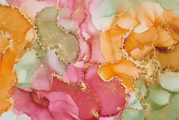 Natural  luxury abstract fluid art painting in alcohol ink technique. Tender and dreamy  wallpaper. Mixture of colors creating transparent waves and golden swirls. For posters, other printed materials - Photo, Image