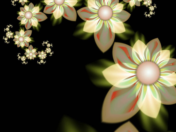 Original fractal image with yellow  flowers. Template with place for inserting your text. Fractal art as background - Photo, Image