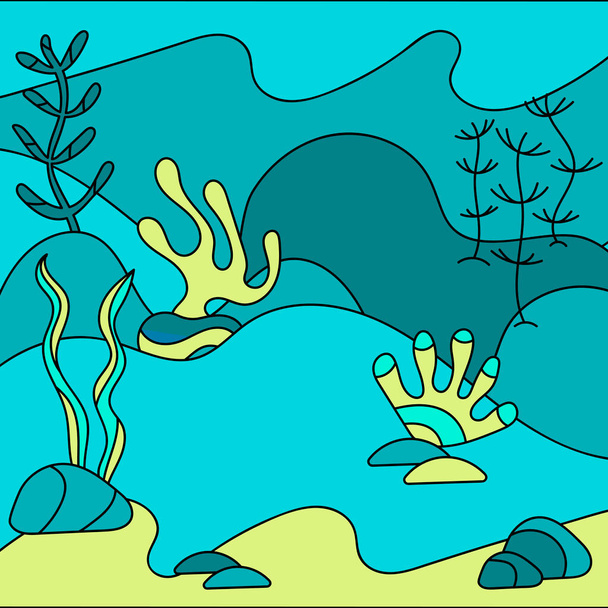 Многослойный подводный мир, пейзаж с морскими водорослями. Силуэт растений. Ручная векторная иллюстрация для фона - Вектор,изображение