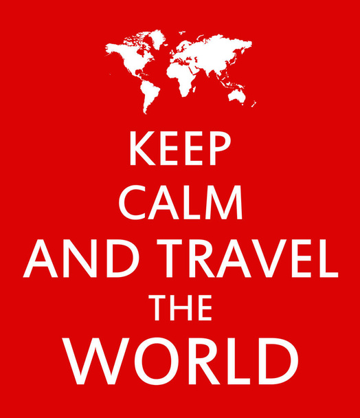 Restez calme et voyagez dans le monde illustration de conception de texte avec décoration de carte du monde sur fond rouge - Photo, image