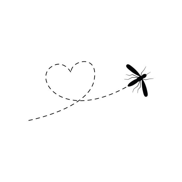 Cute mosquito with dotted line route. Black mosquito flying in heart shape. Vector illustration isolated on white - Vector, Image