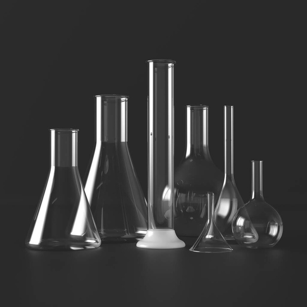 Glasproducten. Realistische glas chemische containers, het meten van medische apparatuur. Donkere achtergrond. 3d illustratie - Foto, afbeelding