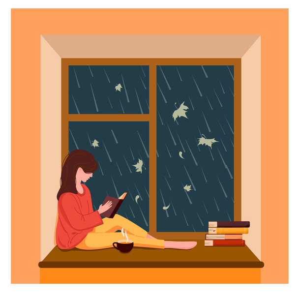 Egy lány ül az ablaknál, könyvet olvas. - Vektor, kép