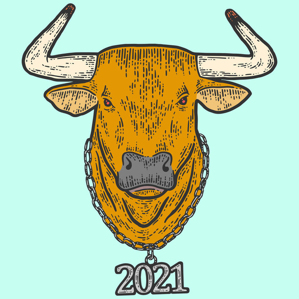 Новий рік, голова бика з ланцюгом 2021. Колір імітації скретч-плати
. - Фото, зображення