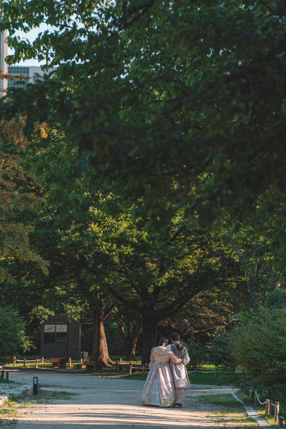 A vertical shot of a romantic couple walking in the garden - Foto, imagen