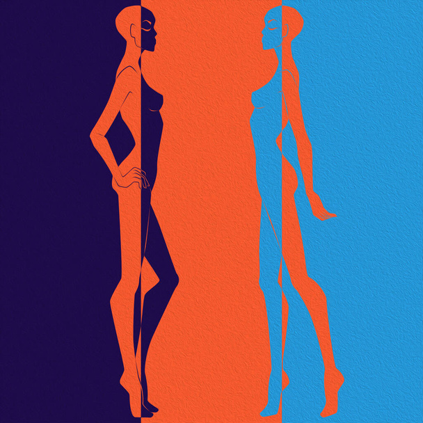 負と正の空間に分割された2つのエレガントな女性の体の抽象,カラフルな概念的な表現 - 写真・画像