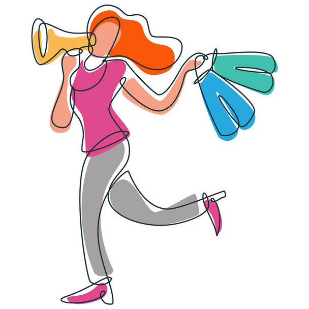 Ilustración vectorial de una mujer feliz sosteniendo bolsas de compras y megáfono. Esta ilustración se puede utilizar para describir la venta de compras, gran venta, descuentos, compras felices, grandes ofertas, etc.. - Vector, Imagen