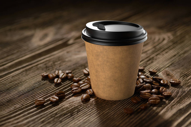 Tek kullanımlık 90 ml 'lik kahve fincanı, kahve çekirdekleri ve ahşap masa üstü espresso için. 3B görüntüleme ve fotoğraf. - Fotoğraf, Görsel