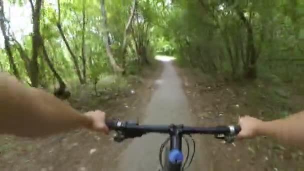 Um homem de bicicleta anda rápido em uma estrada de terra na floresta. - Filmagem, Vídeo