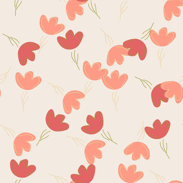 Summer seamless pattern with pink random outline flowers elements print. Grey pastel background. Vector illustration for seasonal textile prints, fabric, banners, backdrops and wallpapers. - Vector, Image
