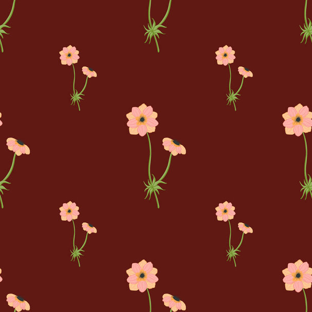 Floral seamless pattern with pink simple anemone branches ornament. Dark maroon background. Minimalistic print. Stock illustration. Vector design for textile, fabric, giftwrap, wallpapers. - Vector, Image