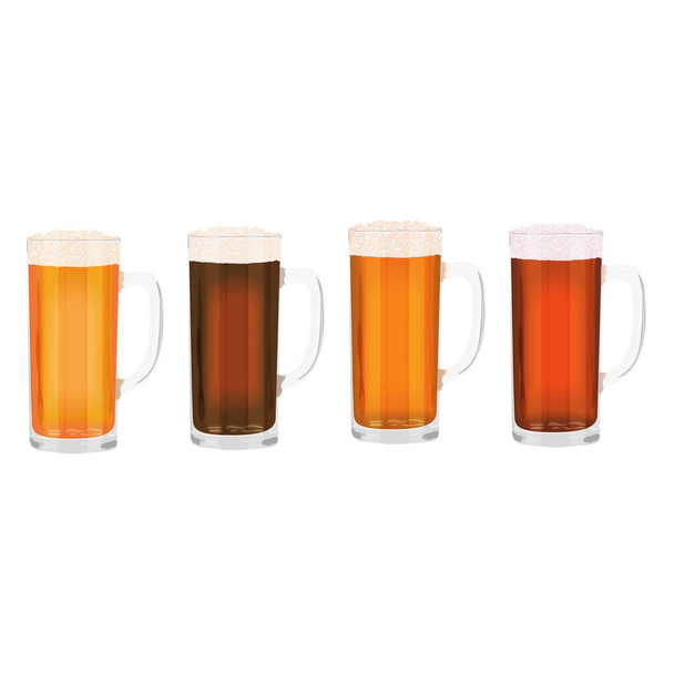 Set con cerveza artesanal en jarras de cerveza para pancartas, volantes, carteles y tarjetas. Cerveza clara y oscura, cerveza y cerveza. Día Internacional de la Cerveza. Ilustración vectorial aislada sobre fondo blanco - Vector, Imagen
