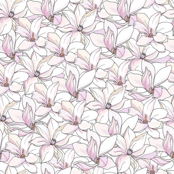 Floral seamless print with white and pink lilies, gentle hand-drawn vector pattern for fabric, dresses, home textiles. - Вектор,изображение