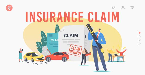 Символы Claim Insurance Landing Page Template. Мужские или женские персонажи спорят с агентами за отрицаемую политику - Вектор,изображение