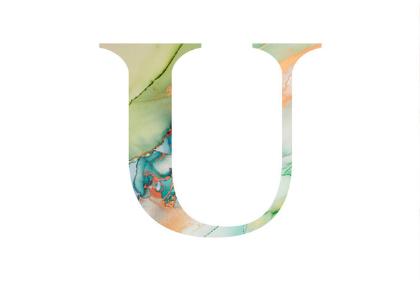 Alkuperäinen U-kirjain, jossa abstrakti käsinmaalattu alkoholimuste. Eristetty valkoisella taustalla. Kuvitus otsikko ja logo suunnittelu - Valokuva, kuva