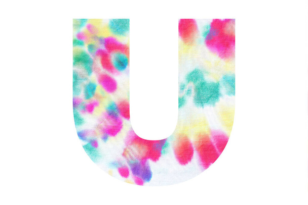 Initial letter U with abstract hand-painted tie dye texture. Isolated on white background. Illustration for headline and logo design - Photo, Image
