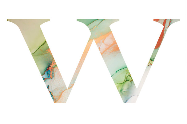 Initial letter W with abstract hand-painted alcohol ink texture. Isolated on white background. Illustration for headline and logo design - Photo, Image