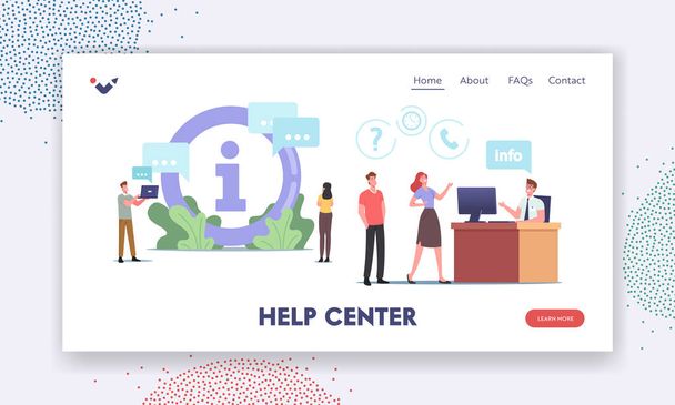 Help Center Landing Page Template. Characters Use Info Desk. People Need Information Ask Manager in Bank, Supermarket - Vettoriali, immagini