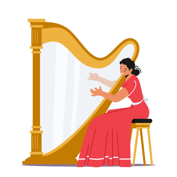 Beautiful Woman in Dress Perform on Stage with Harp Playing Classical Music . Female Character Playing Concert on Scene - Vettoriali, immagini