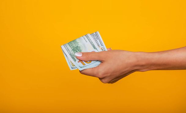 Close up photo of beautiful female hands holding the bunch of dollars of USA isolated on yellow background. Economy, business and finance concept - Foto, immagini