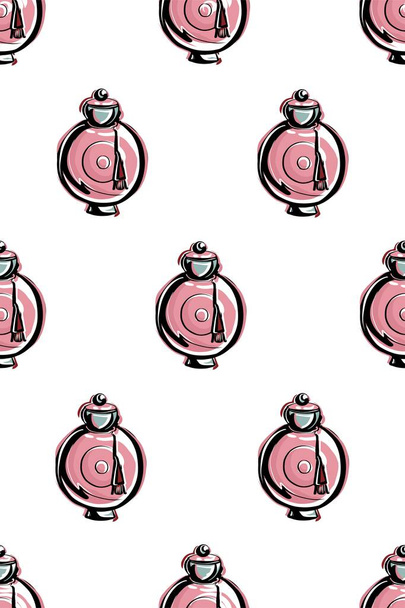Pink perfume bottle on a white background. Stylish seamless pattern for fabric and packaging. An illustration in the style of a fashion sketch. - Вектор,изображение