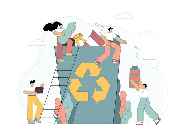 Vector. Recycling. Mensen sorteren afval. Het oplossen van milieuproblemen. Platte vectorillustratie. - Vector, afbeelding