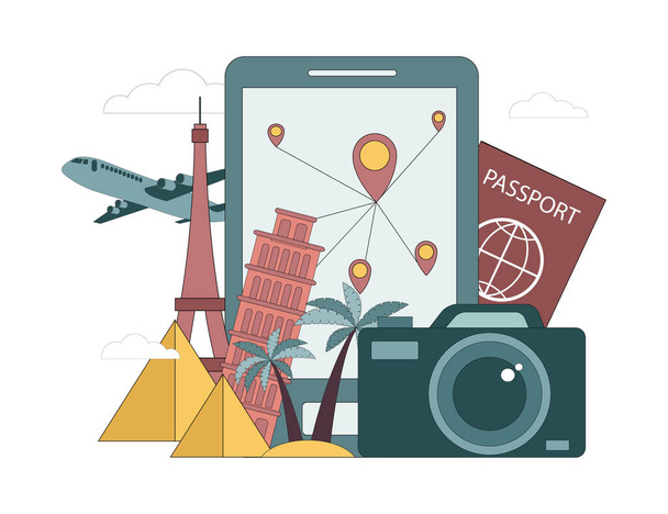 Travel concept. Online booking using a mobile application. Vacation planning. Vector flat illustration isolated on white background. - Vector, Image