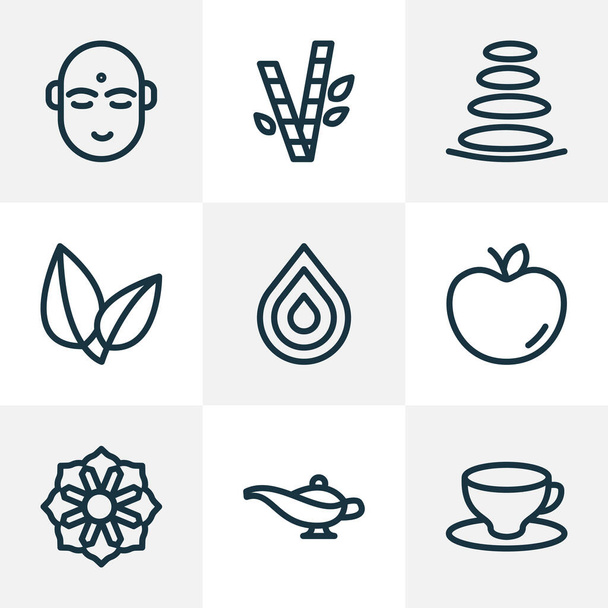 Meditation Symbole Linie Stil-Set mit Mandala, Wellness-Steinen, Blätter Kaffeeglas Elemente. Isolierte Illustration Meditation Ikonen. - Foto, Bild