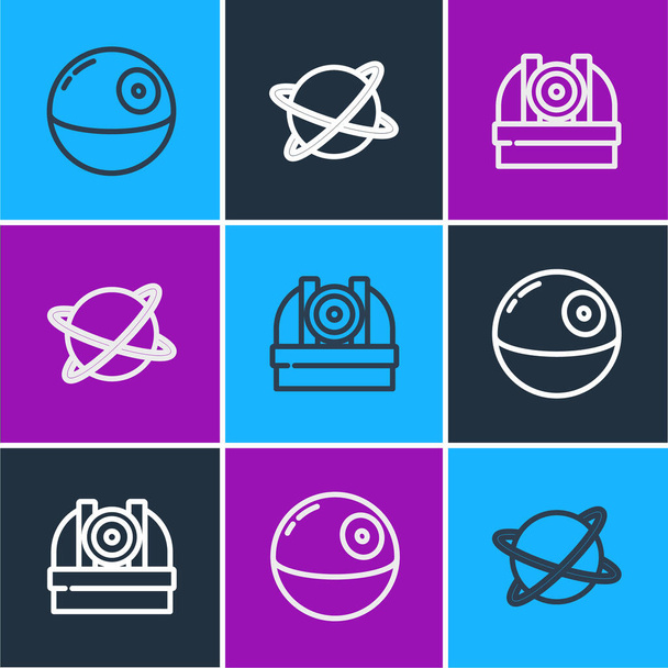 Set line Death star, Astronomical observatory and Satellites orbiting the planet icon. Vector. - Vector, Image