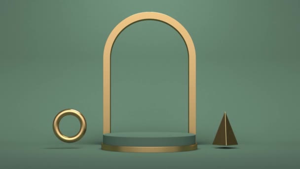 3D Podium with a golden arch on a green background. Minimal modern seamless motion design. - Séquence, vidéo