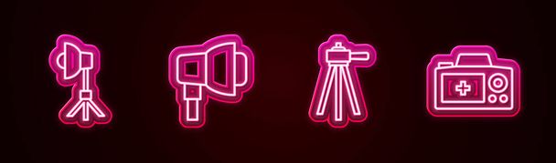 Set line Softbox light, , Tripod and Photo camera. Glowing neon icon. Vector - Vector, Image