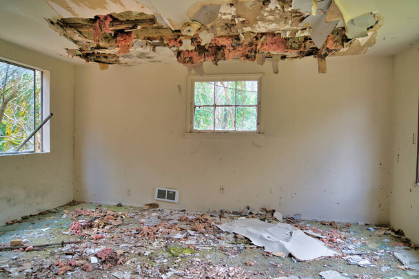 Грязная гостиная старого и полуразрушенного пустого дома в штате Вашингтон - Фото, изображение