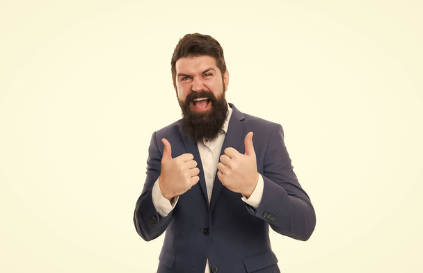 We offer only the best. Happy businessmen give thumbs up hands. Bearded men smile with thumbs up gesture. Gesturing thumbs up. Hand signs. Thumbs up approval - Φωτογραφία, εικόνα